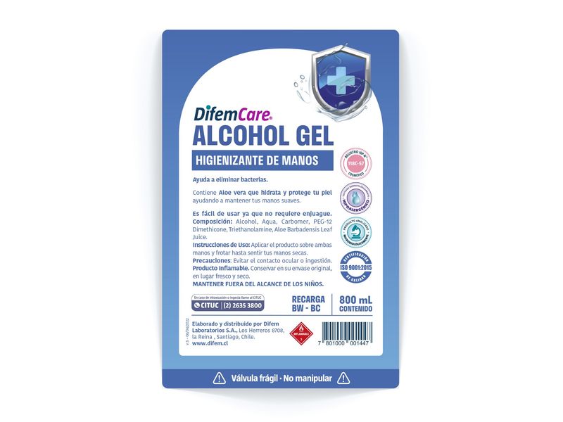 Alcohol Gel Difem Care Higienizante de Manos 70% 800 ml